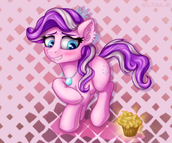 Size: 3000x2500 | Tagged: safe, artist:eltaile, imported from derpibooru, diamond tiara, pony, blushing, chains, cupcake, diamond, female, food, jewelry, nervous, piercing, shy, smiling, solo, tiara