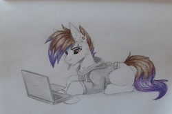 Size: 1080x713 | Tagged: safe, artist:dark lightning, artist:dorkmark, artist:keupoz, imported from derpibooru, oc, oc only, oc:keupoz, earth pony, pony, cheek fluff, clothes, computer, laptop computer, mouth hold, photo, sketch, solo, sweater, traditional art