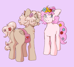Size: 835x759 | Tagged: safe, artist:poofindi, imported from derpibooru, oc, oc only, oc:kayla, oc:mary jane, earth pony, pegasus, pony, bag, duo, female, flower, flower in hair, kayry, lesbian, looking at each other, oc x oc, shipping, standing