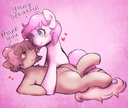 Size: 1131x951 | Tagged: safe, artist:poofindi, imported from derpibooru, oc, oc only, oc:kayla, oc:mary jane, earth pony, pegasus, pony, duo, female, females only, kayry, lesbian, looking at each other, love, lying down, oc x oc, on back, shipping, text