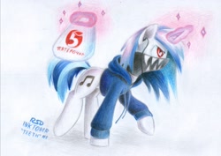 Size: 3284x2330 | Tagged: safe, artist:rsd500, imported from derpibooru, dj pon-3, vinyl scratch, pony, unicorn, clothes, cyrillic, earbuds, hoodie, inktober, inktober 2020, magic, mask, russian, solo, telekinesis