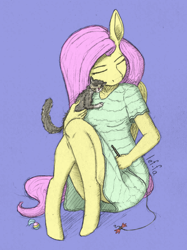 Size: 1172x1563 | Tagged: safe, artist:lef-fa, imported from derpibooru, fluttershy, anthro, cat, unguligrade anthro, cat toy, clothes, cropped, cute, daaaaaaaaaaaw, dress, eyes closed, female, folded wings, holding, kitten, shyabetes, simple background, sitting, solo, three quarter view, traditional art, wings