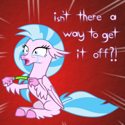 Size: 6969x6969 | Tagged: safe, artist:kmlp, derpibooru exclusive, imported from derpibooru, silverstream, classical hippogriff, hippogriff, adorable distress, caption, chinese finger trap, crying, cute, female, gradient background, open mouth, scared, sitting, solo, tears of fear, vector