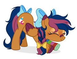 Size: 2321x1783 | Tagged: safe, artist:rioshi, artist:sparkling_light, artist:starshade, imported from derpibooru, oc, oc only, oc:solar comet, pegasus, pony, derpibooru community collaboration, 2021 community collab, bandaid, bandaid on nose, base used, bow, clothes, disguise, disguised changedling, eyelashes, eyes closed, hair bow, mane bow, simple background, socks, solo, streching, stretching, tail bow, transparent background