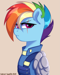 Size: 1269x1575 | Tagged: safe, artist:cottonsweets, imported from derpibooru, rainbow dash, pegasus, pony, alternate timeline, amputee, apocalypse dash, armor, artificial wings, augmented, badass, bust, chest fluff, crystal war timeline, ear fluff, eye scar, female, looking at you, mare, prosthetic limb, prosthetic wing, prosthetics, scar, simple background, solo, torn ear, wings