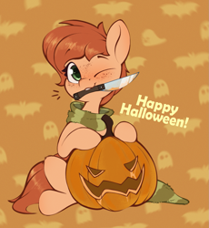 Size: 1055x1147 | Tagged: safe, artist:rexyseven, imported from derpibooru, oc, oc only, oc:rusty gears, earth pony, pony, clothes, cute, female, halloween, holiday, jack-o-lantern, knife, looking at you, mare, mouth hold, one eye closed, pumpkin, pumpkin carving, scarf, sitting, smiling, smiling at you, sock, solo, wink