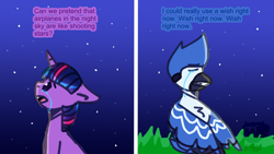 Size: 2560x1440 | Tagged: safe, artist:luc1g07ch1, imported from derpibooru, twilight sparkle, anthro, bird, blue jay, unicorn, aeroplanes and meteor showers, airplanes (song), canon, crossover, crossover shipping, crying, female, male, meme, mordecai, mordetwi, redraw mordetwi meme, regular show, satire, shipping, signature, song reference, straight, unicorn twilight