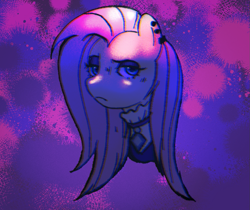 Size: 1131x951 | Tagged: safe, artist:poofindi, imported from derpibooru, fluttershy, pegasus, pony, bust, goth, goth fluttershy, looking at you, piercing, portrait, simple background, solo, unamused