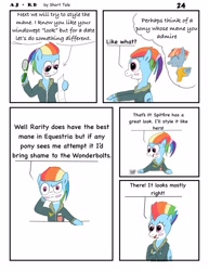 Size: 2550x3300 | Tagged: safe, artist:short tale, imported from derpibooru, applejack, rainbow dash, windy whistles, pegasus, comic:aj+rd, appledash, brush, comic strip, crush, date, female, lesbian, makeup, mane, mohawk, romance, shipping