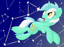 Size: 2062x1500 | Tagged: safe, artist:notadeliciouspotato, imported from derpibooru, lyra heartstrings, pony, unicorn, constellation, cute, female, looking back, looking up, lyrabetes, mare, open mouth, smiling, solo, stars