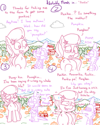 Size: 4779x6013 | Tagged: safe, artist:adorkabletwilightandfriends, imported from derpibooru, lily, lily valley, spike, dragon, earth pony, pony, comic:adorkable twilight and friends, adorable distress, adorkable, adorkable friends, cloud, comic, crisis, cute, date, dating, dork, farm, female, friendship, funny, grin, humor, lilybetes, love, male, mare, mountain, nature, nervous, nervous grin, nervous laugh, outdoors, pronunciation, pumpkin, pumpkin patch, relationship, relationships, scenery, self conscious, silly, slice of life, smiling, together, wagon