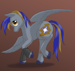 Size: 2048x1935 | Tagged: safe, artist:nebulastar985, imported from derpibooru, oc, oc only, oc:nebula star, pegasus, pony, bandage, gradient background, male, pegasus oc, raised hoof, scar, solo, stallion, unshorn fetlocks, wings