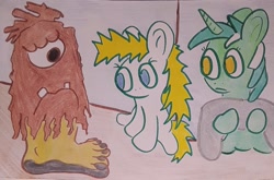 Size: 1280x843 | Tagged: safe, artist:dex stewart, imported from derpibooru, lyra heartstrings, oc, oc:fargate, earth pony, pony, unicorn, aqua teen hunger force, barefoot, dirt, dirtfoot, dirty, dirty feet, feet, monster, sock, traditional art