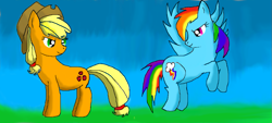 Size: 1051x475 | Tagged: safe, artist:maverickmam, imported from derpibooru, applejack, rainbow dash, earth pony, pegasus, pony, duo, female, flying, hat, looking at each other, looking back, mare, rearing