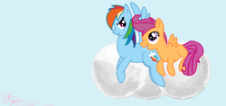 Size: 902x427 | Tagged: safe, artist:maverickmam, imported from derpibooru, rainbow dash, scootaloo, pegasus, pony, cloud, duo, female, filly, mare, on a cloud