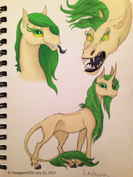 Size: 612x816 | Tagged: safe, artist:stargazerseven, imported from derpibooru, oc, oc only, kelpie, pony, unicorn, bust, female, horn, leonine tail, sharp teeth, teeth, tongue out, traditional art, unicorn oc