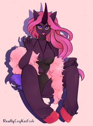 Size: 2096x2825 | Tagged: safe, artist:reallycoykoifish, imported from derpibooru, oc, oc only, anthro, human, unicorn, pony girl, big breasts, breasts, clothes, commission, dark skin, horn, humanized, lingerie, pink hair, pinup, sexy, short tail, solo