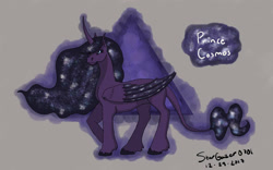 Size: 1280x800 | Tagged: safe, artist:stargazerseven, imported from derpibooru, oc, oc only, oc:cosmos, alicorn, pony, alicorn oc, ethereal mane, galaxy mane, horn, male, raised hoof, signature, solo, stallion, wings