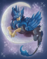 Size: 1669x2061 | Tagged: safe, artist:iza pug, imported from derpibooru, oc, oc only, oc:eid, griffon, beak, griffon oc, male, male oc, moon, paws, solo, stars, tail, talons, tangible heavenly object, wings