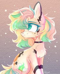 Size: 2575x3144 | Tagged: safe, artist:lazuli, artist:mint-light, imported from derpibooru, oc, oc only, pony, unicorn, chest fluff, choker, commission, ear fluff, horn, looking back, looking up, signature, sitting, solo, unicorn oc, ych result