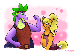 Size: 3308x2349 | Tagged: safe, artist:bella-pink-savage, artist:bellbell123, imported from derpibooru, applejack, spike, earth pony, pony, alternate hairstyle, applespike, clothes, cosplay, costume, crossover, female, flexing, halloween, halloween costume, hercules, high res, holiday, male, mare, megara, older, older spike, ponytail, shipping, straight