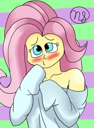 Size: 1506x2048 | Tagged: safe, artist:demitri, imported from derpibooru, fluttershy, equestria girls, abstract background, adorasexy, blushing, clothes, collarbone, colored, cute, duckface, female, sexy, shoulderless, shyabetes, signature, solo, sweater, sweatershy