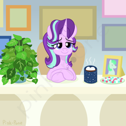 Size: 3000x3000 | Tagged: safe, artist:pink-pone, imported from derpibooru, phyllis, starlight glimmer, pony, unicorn, chair, chest fluff, chocolate, empathy cocoa, food, hot chocolate, marshmallow, philodendron, plant, solo, watermark