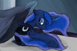 Size: 2400x1600 | Tagged: safe, artist:ahorseofcourse, princess luna, alicorn, pony, blanket, glowing horn, horn, solo, tail between legs, tired