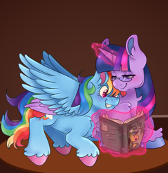 Size: 974x1002 | Tagged: safe, artist:lsandom, imported from derpibooru, rainbow dash, twilight sparkle, alicorn, pegasus, pony, book, female, lesbian, mare, shipping, twidash, twilight sparkle (alicorn)