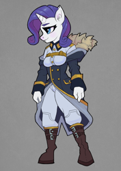 Size: 2480x3508 | Tagged: safe, artist:tass_the_bovine, imported from derpibooru, rarity, anthro, unicorn, clothes, dieselpunk equestria, dpe, equestrian defense force, solo, uniform