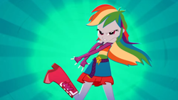 Size: 1920x1080 | Tagged: safe, imported from derpibooru, screencap, rainbow dash, eqg summertime shorts, equestria girls, raise this roof, animation error, boots, breakdancing, clothes, dancing, devil horn (gesture), dress, fall formal, fall formal outfits, female, looking at you, multicolored hair, outfit, rainbow hair, shoes, sleeveless