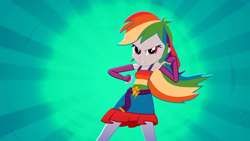 Size: 1920x1080 | Tagged: safe, imported from derpibooru, screencap, rainbow dash, eqg summertime shorts, equestria girls, raise this roof, boots, breakdancing, clothes, dancing, dress, fall formal, fall formal outfits, female, looking at you, multicolored hair, outfit, rainbow hair, shoes, sleeveless
