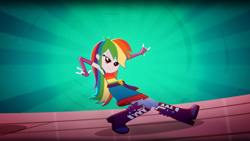 Size: 1920x1080 | Tagged: safe, imported from derpibooru, screencap, rainbow dash, eqg summertime shorts, equestria girls, raise this roof, armpits, boots, breakdancing, clothes, dance off, dancing, devil horn (gesture), dress, faic, fall formal outfits, female, multicolored hair, outfit, rainbow hair, sexy, shoes, sleeveless, smiling, smirk, smug, smugdash