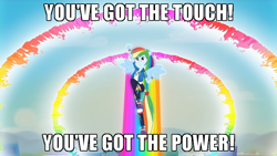 Size: 700x394 | Tagged: safe, edit, edited screencap, imported from derpibooru, screencap, rainbow dash, equestria girls, equestria girls series, run to break free, spoiler:eqg series (season 2), caption, clothes, converse, double sonic rainboom, female, flying, geode of super speed, image macro, magical geodes, meme, ponied up, shoes, sneakers, solo, song reference, sonic rainboom, stan bush, text, the touch, transformers, wings