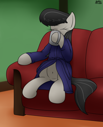 Size: 1899x2324 | Tagged: safe, artist:the-furry-railfan, imported from derpibooru, octavia melody, earth pony, pony, belly button, clothes, couch, drinking, female, food, indoors, mug, relaxing, robe, sitting, solo, tea