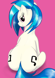 Size: 1240x1754 | Tagged: safe, artist:eels, imported from derpibooru, dj pon-3, vinyl scratch, pony, unicorn, both cutie marks, butt, cutie mark, looking at you, looking back, looking back at you, pink background, plot, simple background, smiling, smirk, solo, vinyl ass