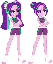 Size: 432x522 | Tagged: safe, artist:darthrivan, imported from derpibooru, aria blaze, equestria girls, alternate hairstyle, alternate universe, barefoot, boxing shorts, boxing trunks, clothes, exeron fighters, feet, feetwraps, female, handwraps, martial artist, martial arts kids, martial arts kids outfits, muay thai, pigtails, raised eyebrow, shorts, simple background, socks, solo, sports bra, sports outfit, sports shorts, sports tape, stirrup bandages, tanktop, tomboy, twintails, white background