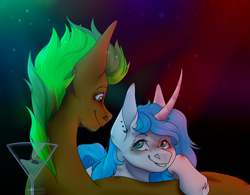 Size: 3325x2597 | Tagged: safe, artist:amcirken, imported from derpibooru, oc, oc:saron, oc:vodka, earth pony, pony, unicorn, abstract background, alcohol, cocktail glass, curved horn, ear piercing, earring, female, horn, jewelry, male, mare, piercing, stallion