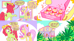 Size: 2414x1358 | Tagged: safe, artist:batshaped, imported from derpibooru, fluttershy, tree hugger, earth pony, pegasus, pony, bag, comic, cupcake, dialogue, drugs, duo, female, food, mare, marijuana, marijuana leaf, saddle bag, sweat, sweatdrop, that explains everything