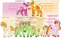 Size: 1280x796 | Tagged: safe, artist:rainbowquasar, imported from derpibooru, applejack, cheerilee, oc, oc:barley brew, oc:gummy fruit, oc:strawberry sweet, oc:sunny side, oc:watermelon sour, earth pony, pony, unicorn, alternate universe, cheerijack, colt, crack shipping, family, female, filly, fraternal twins, lesbian, magical lesbian spawn, male, mare, offspring, parent:applejack, parent:cheerilee, parents:cheerijack, race swap, shipping, species swap, twins, unicornified