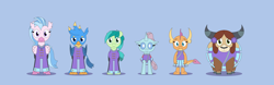 Size: 12338x3839 | Tagged: safe, artist:gd_inuk, imported from derpibooru, gallus, ocellus, sandbar, silverstream, smolder, yona, changedling, changeling, classical hippogriff, dragon, earth pony, griffon, hippogriff, pony, yak, 2 4 6 greaaat, band uniform, blue background, bow, cheerleader, cheerleader ocellus, cheerleader outfit, cheerleader smolder, cheerleader yona, clothes, cloven hooves, colored hooves, dragoness, fangs, female, gallus is not amused, hair bow, high res, jewelry, looking at you, male, monkey swings, necklace, simple background, story included, student six, teenager, unamused