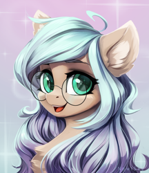 Size: 1800x2083 | Tagged: safe, artist:inowiseei, imported from derpibooru, oc, oc only, pony, bust, chest fluff, cute, ear fluff, female, glasses, green eyes, mare, portrait, smiling, solo