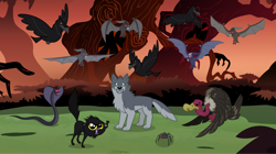 Size: 1280x719 | Tagged: safe, artist:andoanimalia, artist:dipi11, imported from derpibooru, raven, bat, bird, cat, cobra, fruit bat, raven (bird), snake, spider, vampire fruit bat, vulture, wolf, animal, black cat, forest, red eyes