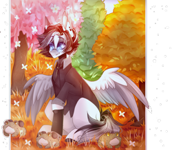 Size: 1950x1704 | Tagged: safe, artist:keltonia, imported from derpibooru, oc, oc only, butterfly, frog, pegasus, pony, toad, clothes, flower, glasses, nature, necktie, shirt, solo, tree