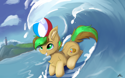 Size: 1920x1200 | Tagged: safe, artist:lunar froxy, imported from derpibooru, oc, oc only, oc:baysick, pegasus, pony, beach ball, happy, male, ocean, scenery, solo, stallion, surfboard, surfing