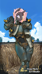 Size: 925x1623 | Tagged: artist needed, safe, artist:photy, imported from derpibooru, oc, oc only, anthro, pony, unicorn, armor, cloud, commission, detailed background, fallout, fallout 4, glasses, power armor, shading, sky, solo, wheat field