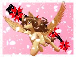 Size: 2000x1500 | Tagged: safe, artist:phoenixperegrine, imported from derpibooru, oc, oc only, oc:shidare sakura, pegasus, pony, abstract background, flying, looking at you, solo, spread wings, wings