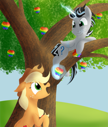 Size: 2237x2625 | Tagged: safe, artist:sixes&sevens, imported from derpibooru, applejack, oc, oc:prince mentiad, apple, apple tree, eating, food, herbivore, levitation, lightning, magic, shocked, sitting in a tree, telekinesis, tree, zap apple, zap apple tree