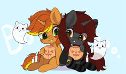 Size: 951x560 | Tagged: safe, artist:yomechka, artist:yourmeow, imported from derpibooru, oc, oc only, oc:ember stone, oc:radray, pony, unicorn, clothes, commission, couple, halloween, holding hooves, holiday, looking at each other, love, socks, striped socks, ych result, your character here