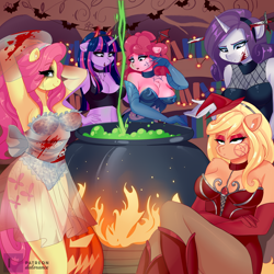 Size: 4000x4000 | Tagged: safe, artist:xjenn9, imported from derpibooru, applejack, cauldron bubbles, fluttershy, pinkie pie, rarity, twilight sparkle, anthro, earth pony, pegasus, unicorn, absurd resolution, breasts, busty applejack, busty fluttershy, busty pinkie pie, busty rarity, busty twilight sparkle, cauldron, choker, cleavage, clothes, costume, devil horns, evening gloves, fake blood, gloves, halloween, halloween costume, hat, head wings, headband, holiday, long gloves, makeup, pumpkin, see-through, sword, veil, weapon, wingless, wingless anthro, wings, witch hat